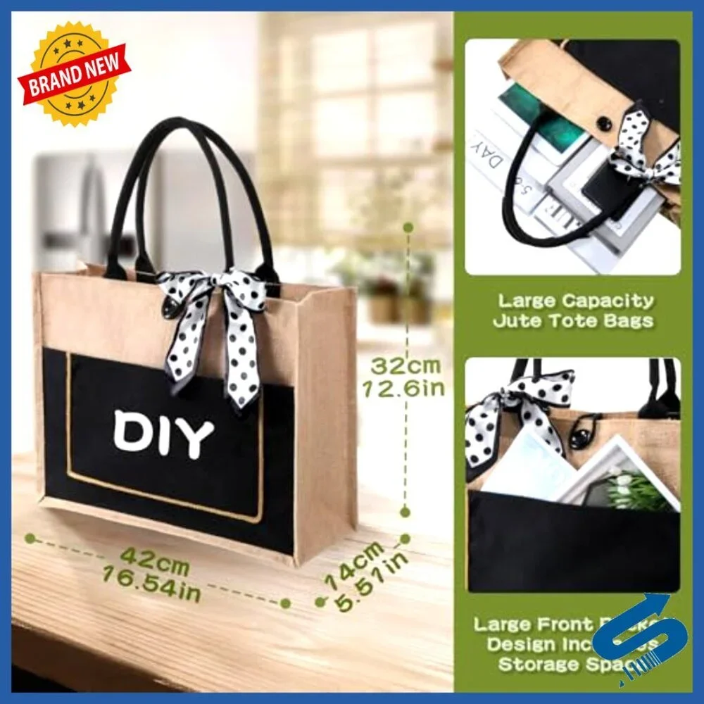 Large Jute Tote Bags Bulk Set with Handles Front Pocket DIY Blank Retro